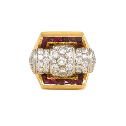 French 1940s 18KT Yellow Gold & Platinum Diamond & Ruby Ring front