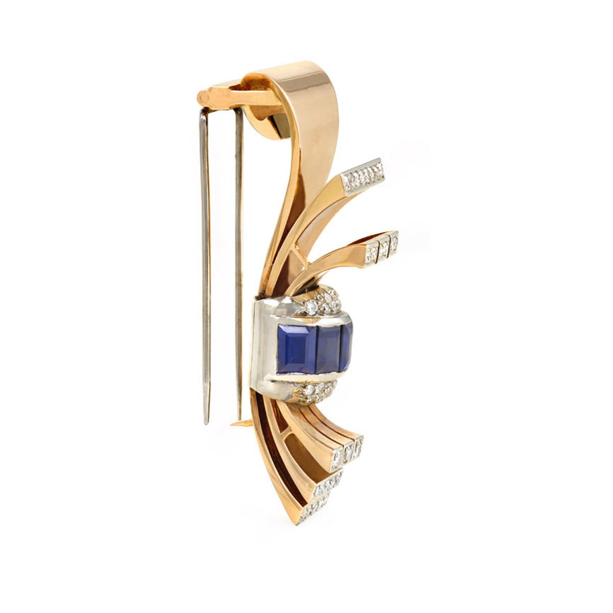 Gübelin Retro 18KT Yellow Gold & Platinum Sapphire & Diamond Bow Brooch side