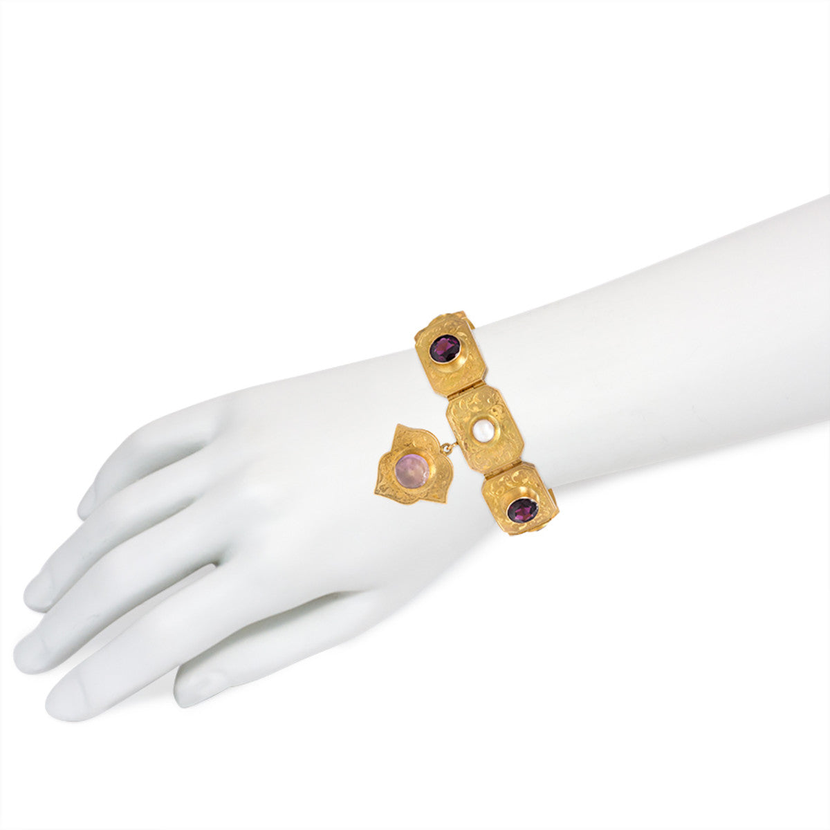 Antique 15KT Yellow Gold Amethyst, Citrine, Garnet, Cultured Pearl & Rose Quartz Plaque Bracelet worn on wrist