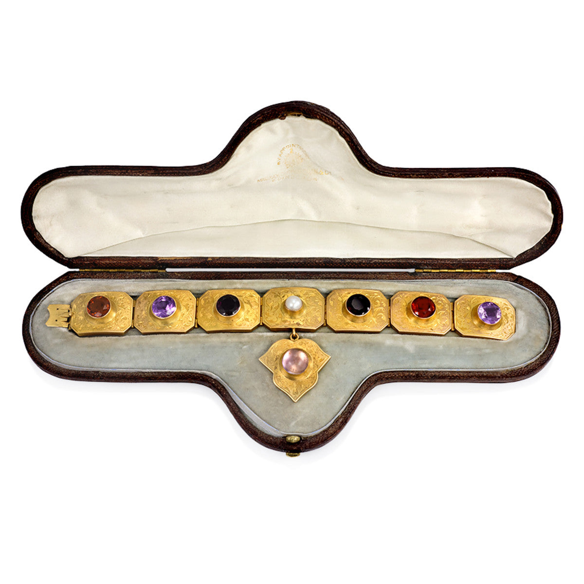 Antique 15KT Yellow Gold Amethyst, Citrine, Garnet, Cultured Pearl & Rose Quartz Plaque Bracelet in original box