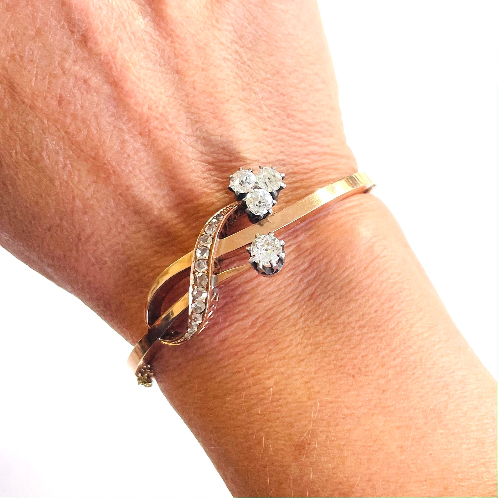 Victorian 14KT Rose Gold Diamond Bangle Bracelet worn on wrist