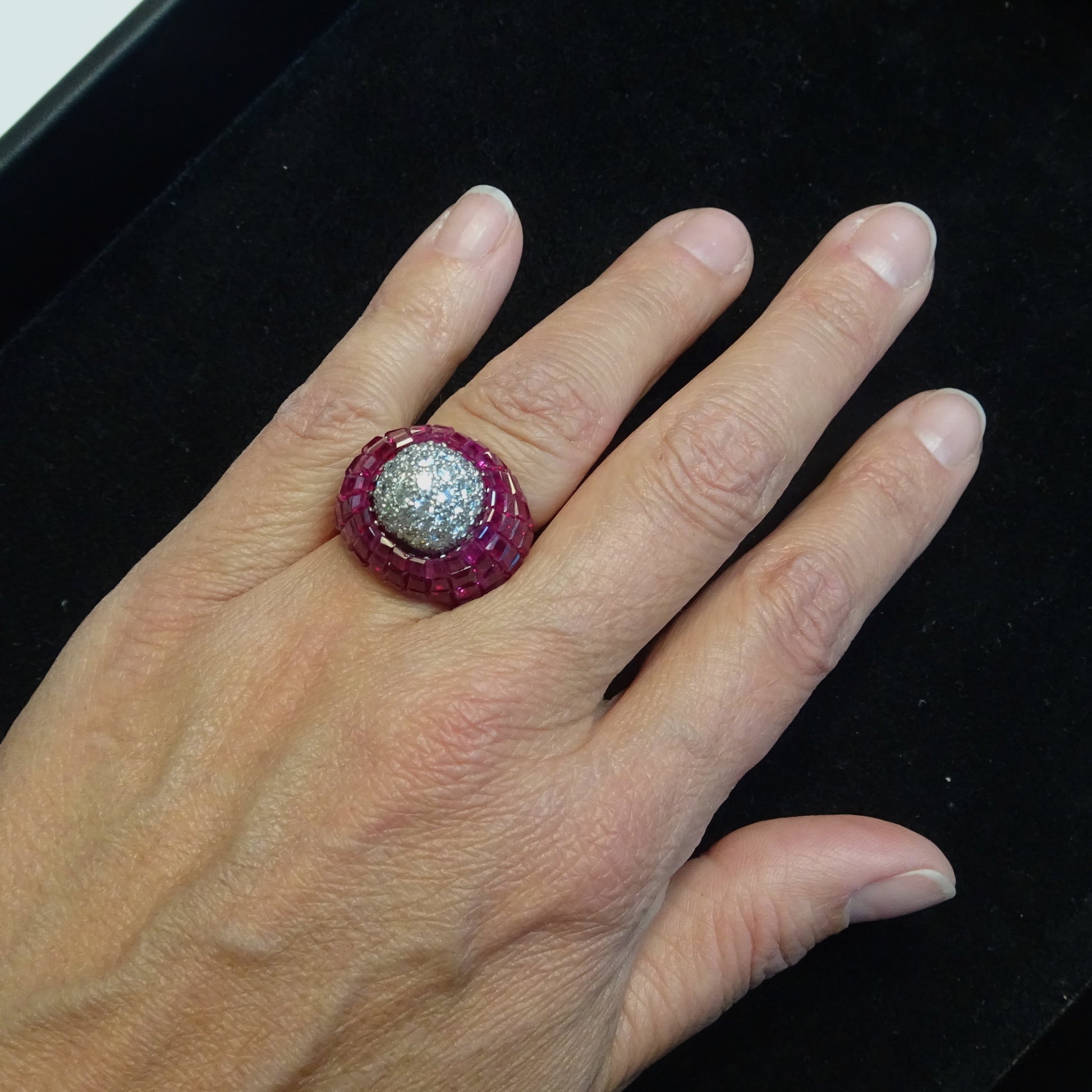 Oscar Heyman Bros 1950s Platinum Ruby & Diamond Ring worn on hand