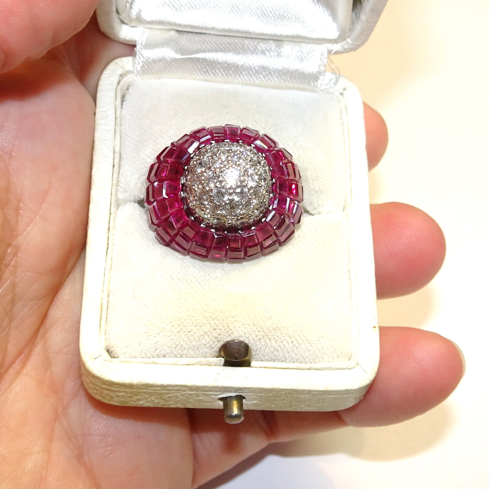 Oscar Heyman Bros 1950s Platinum Ruby & Diamond Ring in ring box