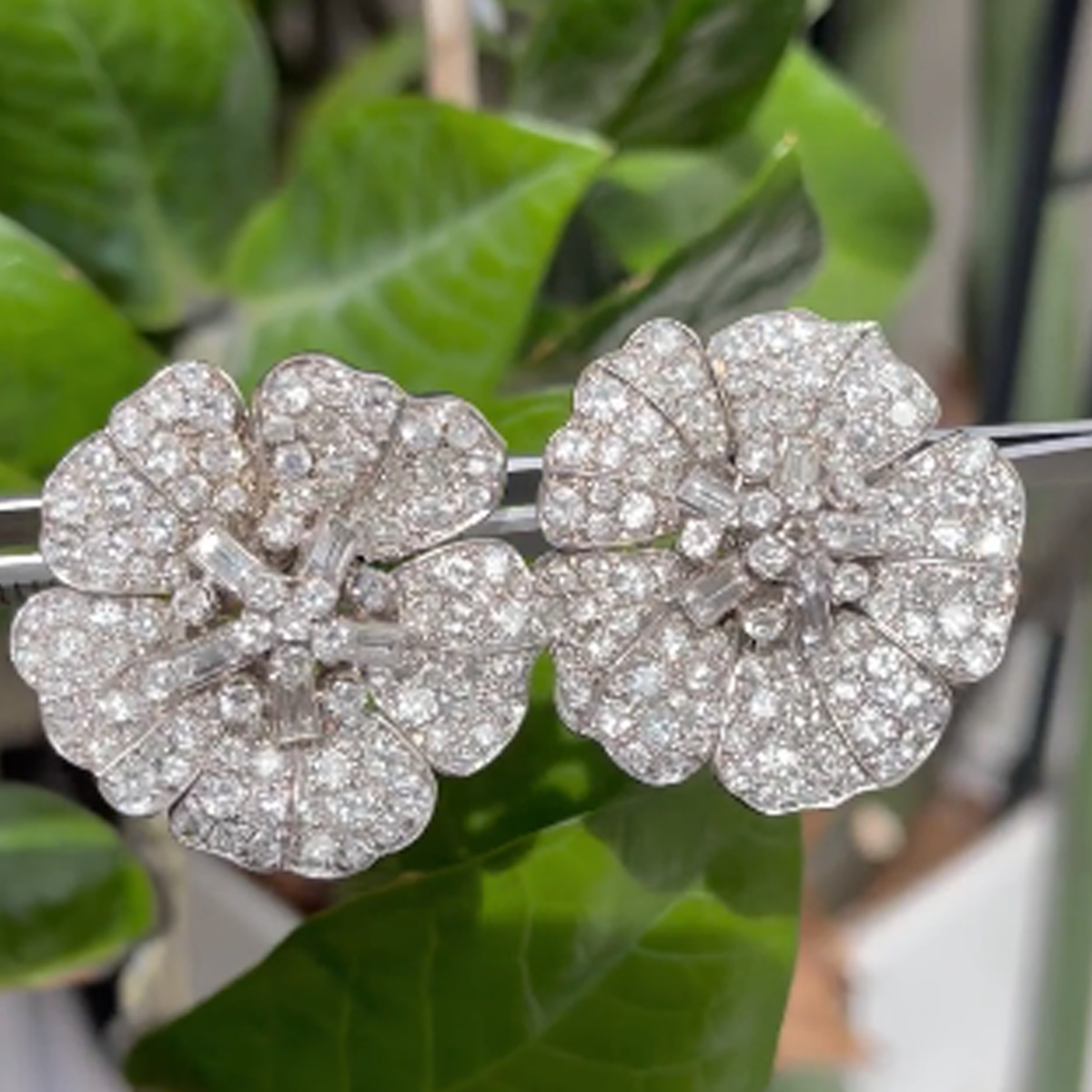 Art Deco Platinum Diamond Flower Earrings front