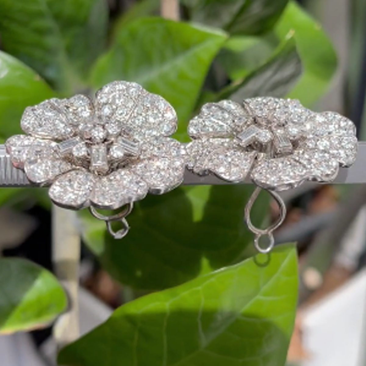 Art Deco Platinum Diamond Flower Earrings side and front