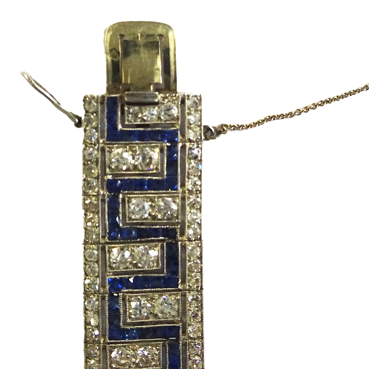 Art Deco Platinum Diamond & Sapphire Bracelet close-up of clasp