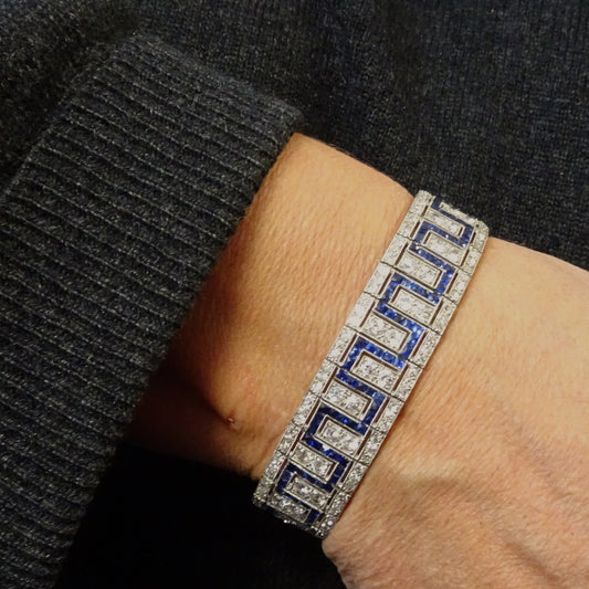 Art Deco Platinum Diamond & Sapphire Bracelet worn on wrist