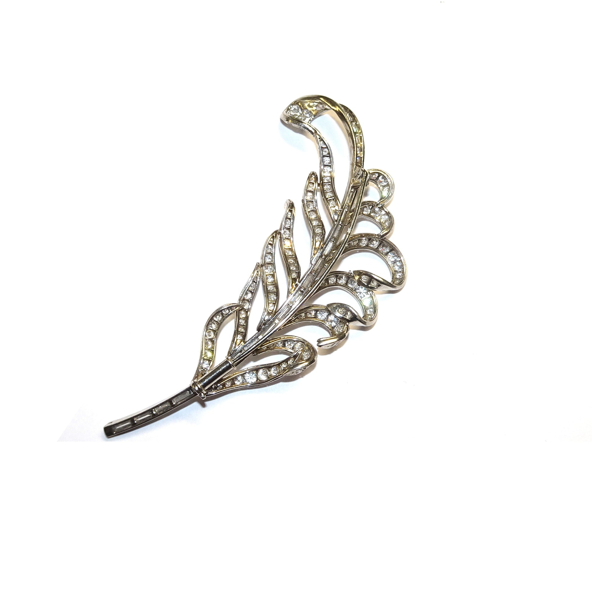 1940s Platinum Diamond Feather Brooch back