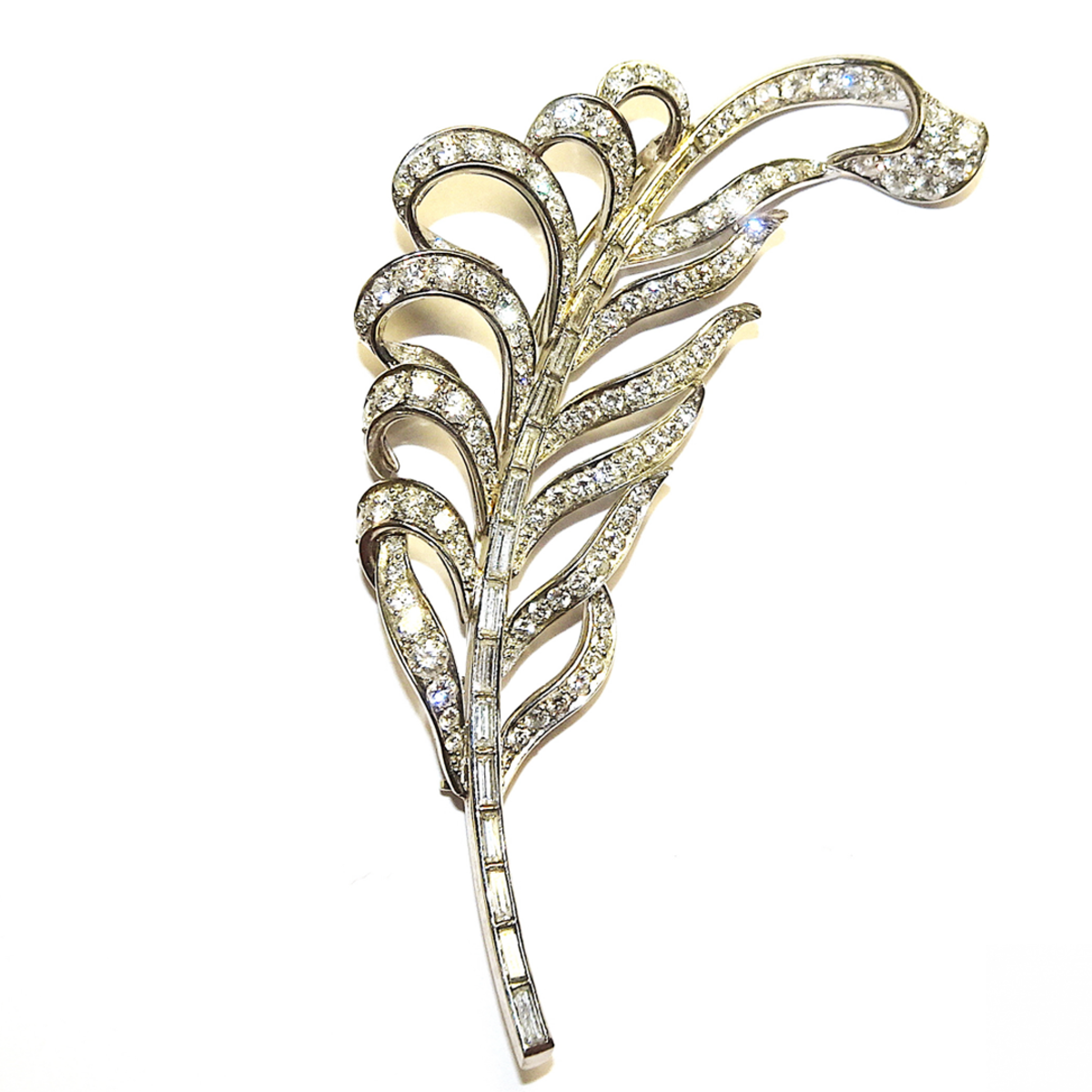 1940s Platinum Diamond Feather Brooch front