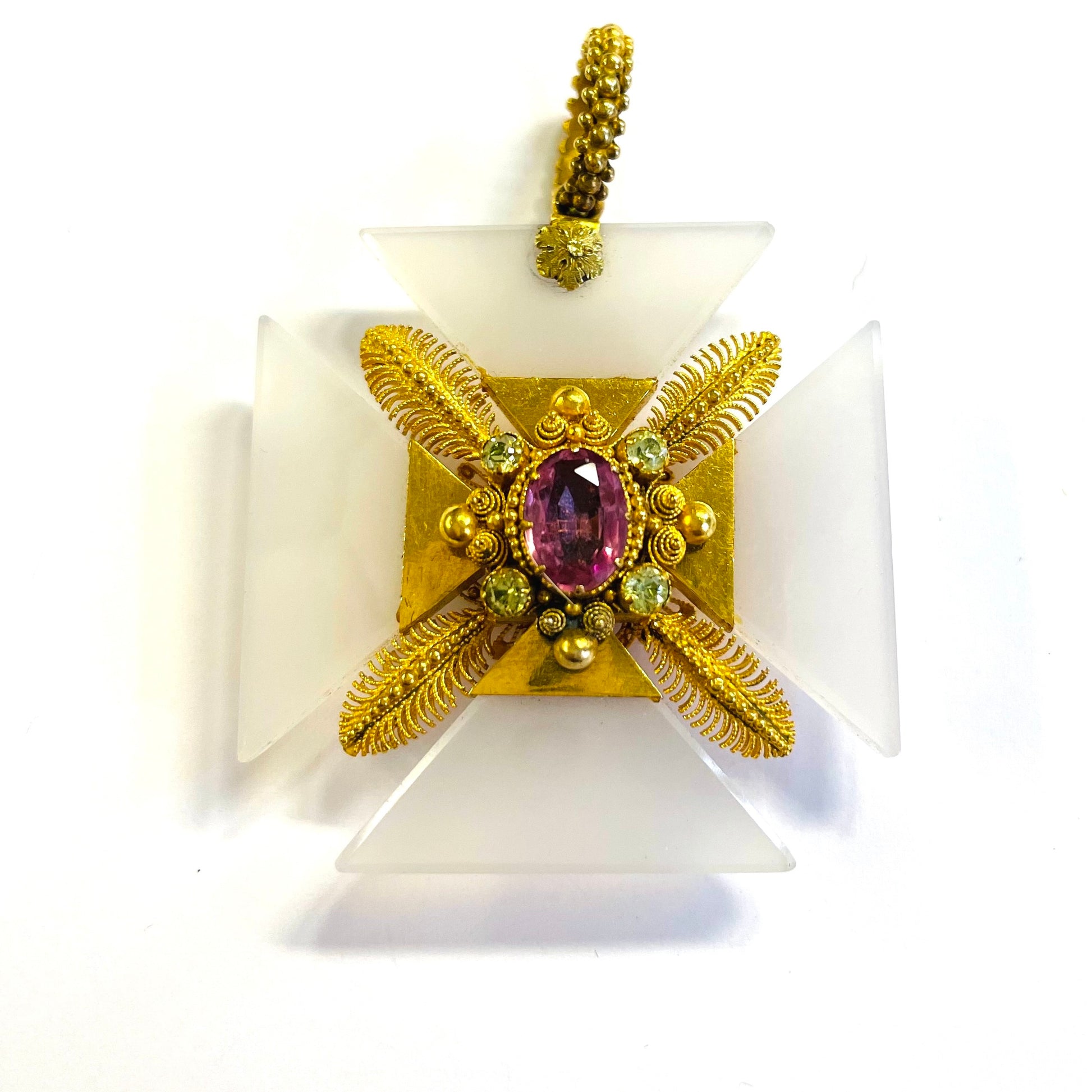 Victorian 18KT Yellow Gold Agate & Pink Topaz Maltese Cross Pendant front