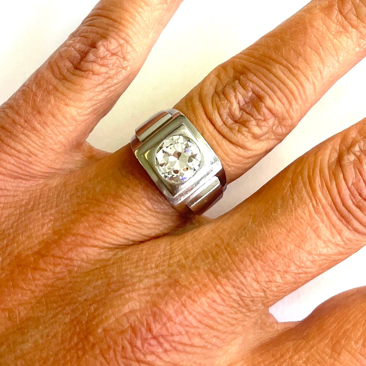 French Art Deco Platinum Diamond Ring worn on hand