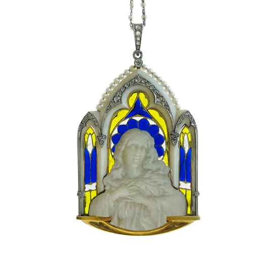 Art Nouveau 18KT Yellow Gold Enamel, Diamond, Natural Pearl & Mother of Pearl Madonna Plique-à-Jour Pendant front