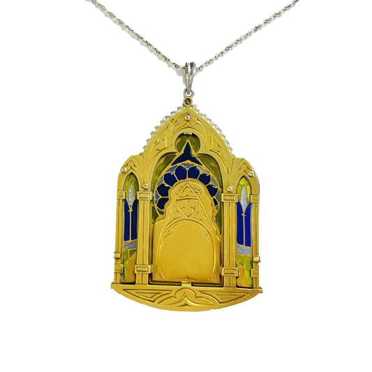 Art Nouveau 18KT Yellow Gold Enamel, Diamond, Natural Pearl & Mother of Pearl Madonna Plique-à-Jour Pendant back