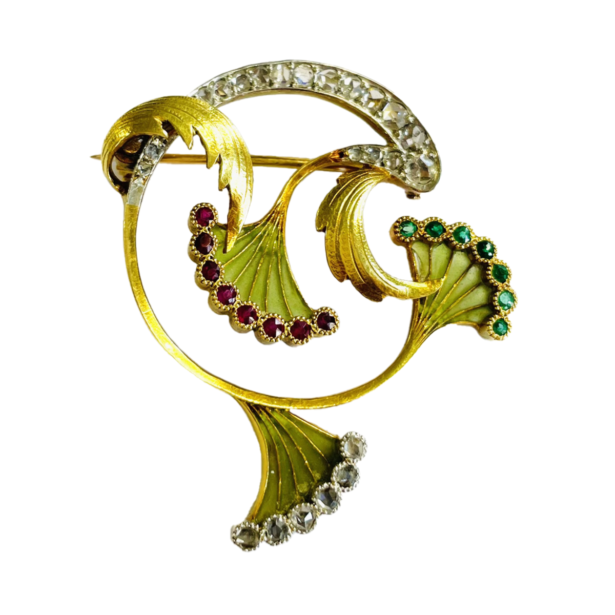 Art Nouveau 18KT Yellow Gold Enamel, Diamond, Emerald & Ruby Brooch front