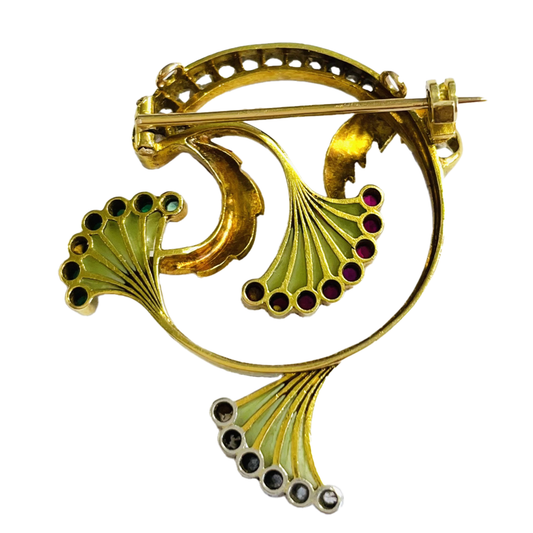 Art Nouveau 18KT Yellow Gold Enamel, Diamond, Emerald & Ruby Brooch back