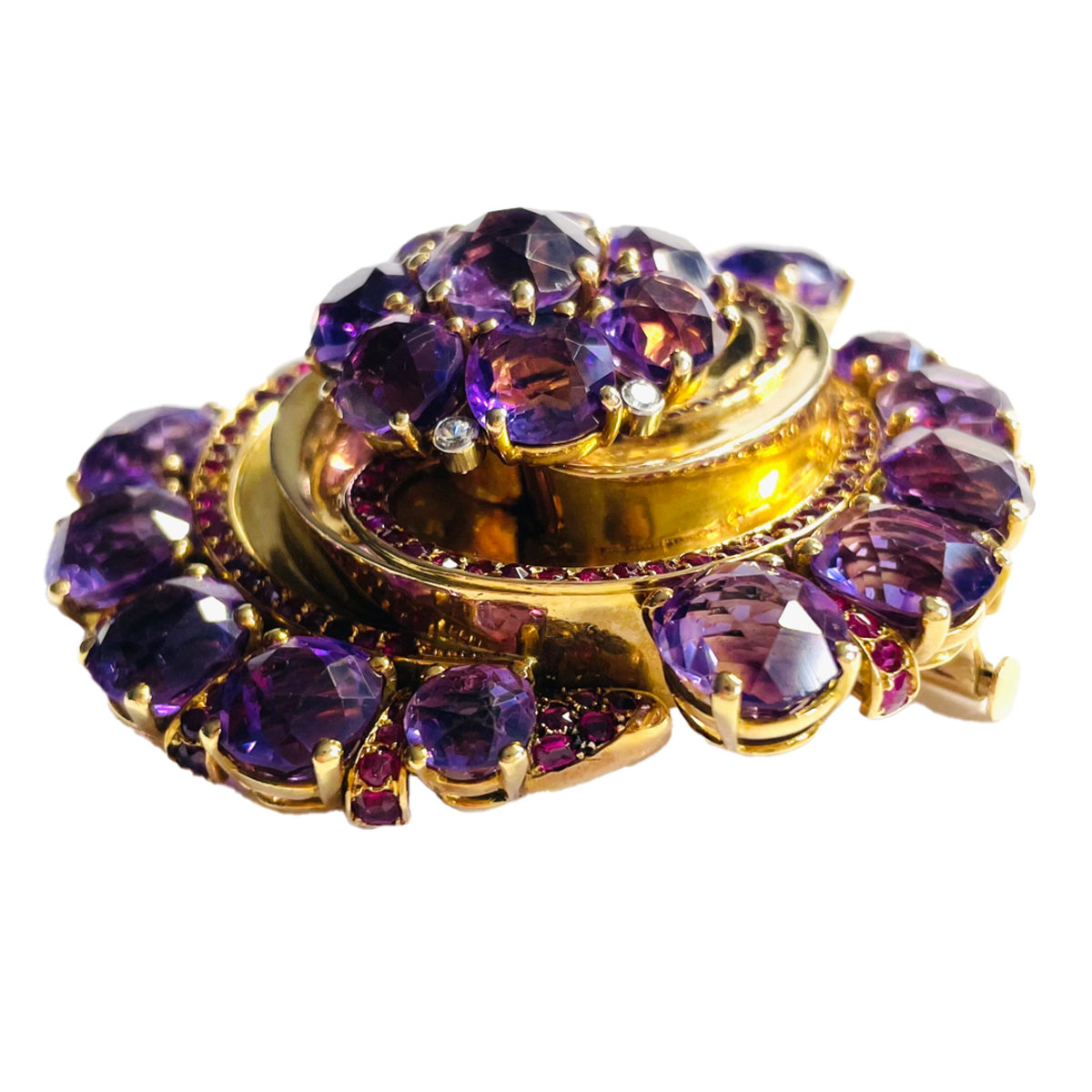 French 1940s 18KT Yellow Gold Amethyst, Diamond & Ruby Brooch side