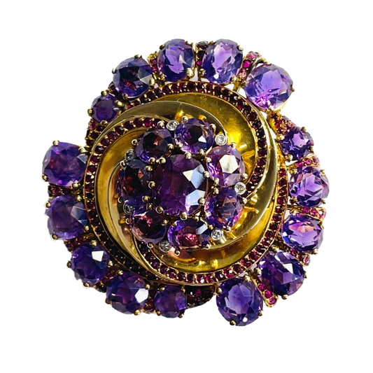 French 1940s 18KT Yellow Gold Amethyst, Diamond & Ruby Brooch front