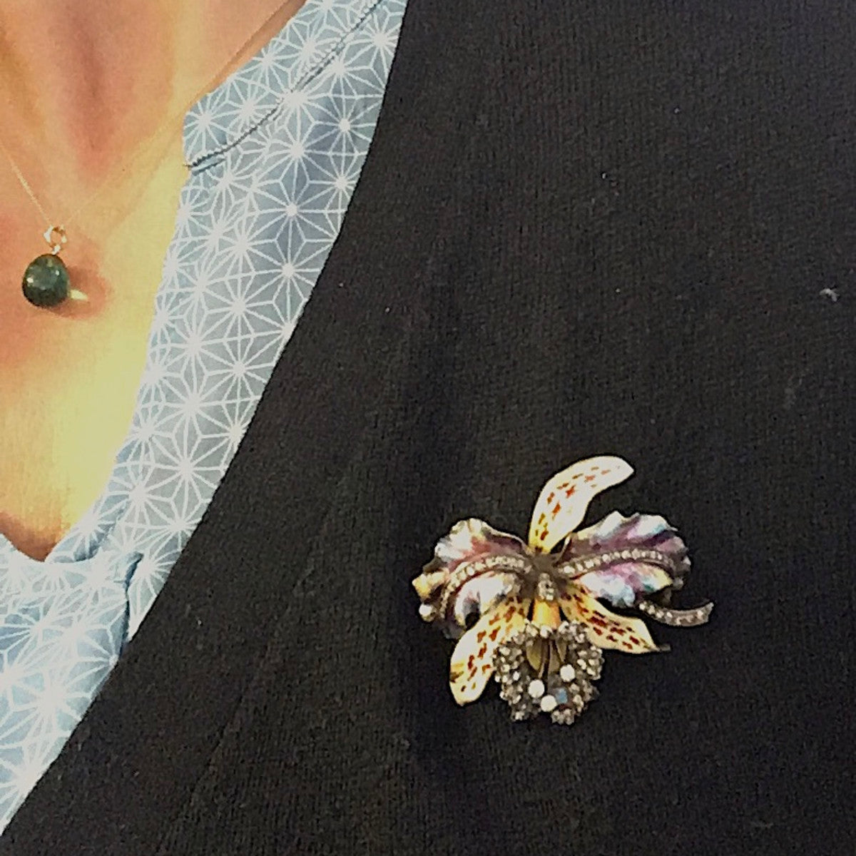 Art Nouveau 18KT Yellow Gold Enamel & Diamond Orchid Brooch worn on blouse