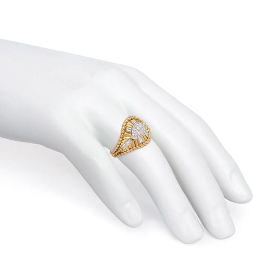 1950s Platinum & 18KT Yellow Gold Diamond Teardrop Ring on finger