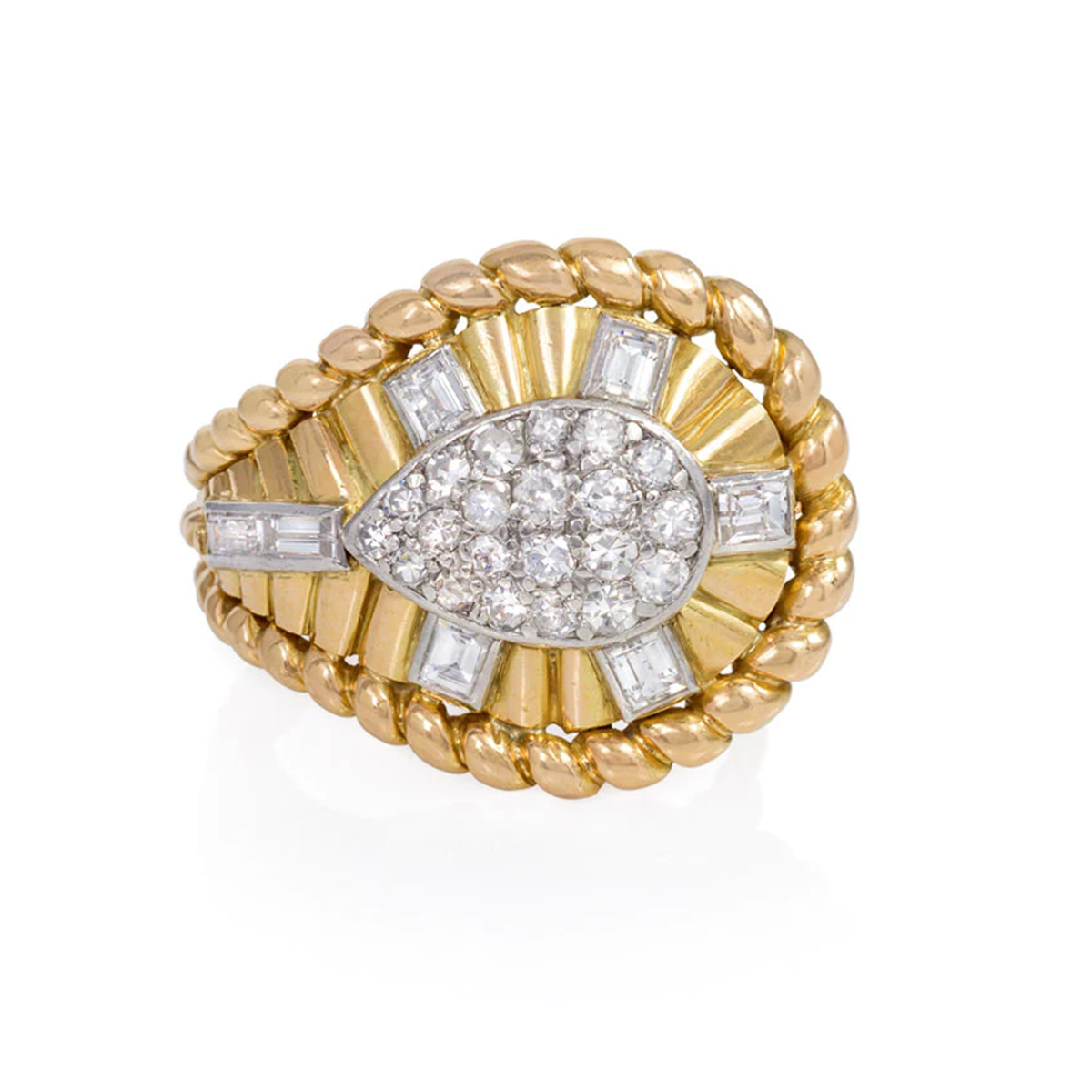 1950s Platinum & 18KT Yellow Gold Diamond Teardrop Ring front