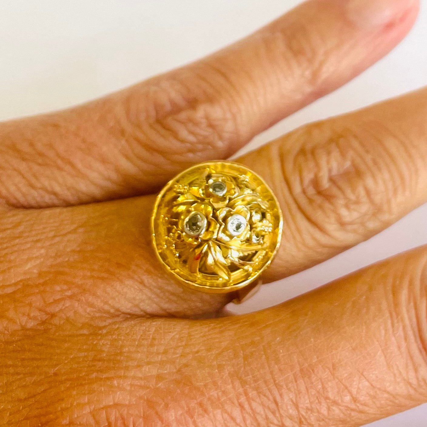 Wilm 1960s 14KT Yellow Gold Diamond Ring on finger