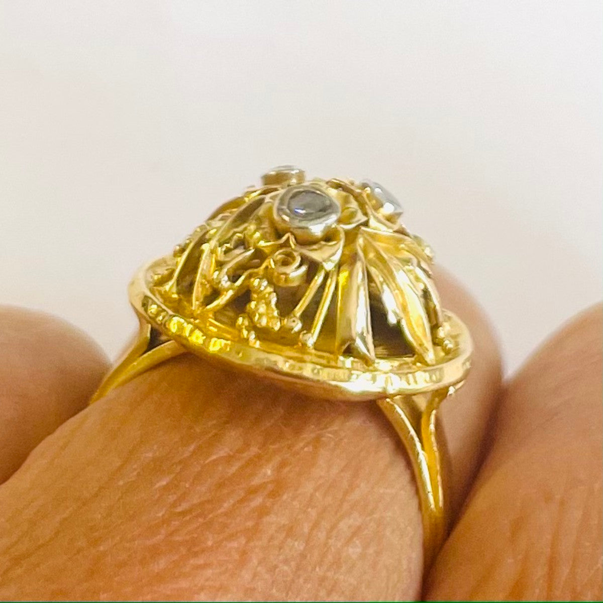 Wilm 1960s 14KT Yellow Gold Diamond Ring close-up on finger