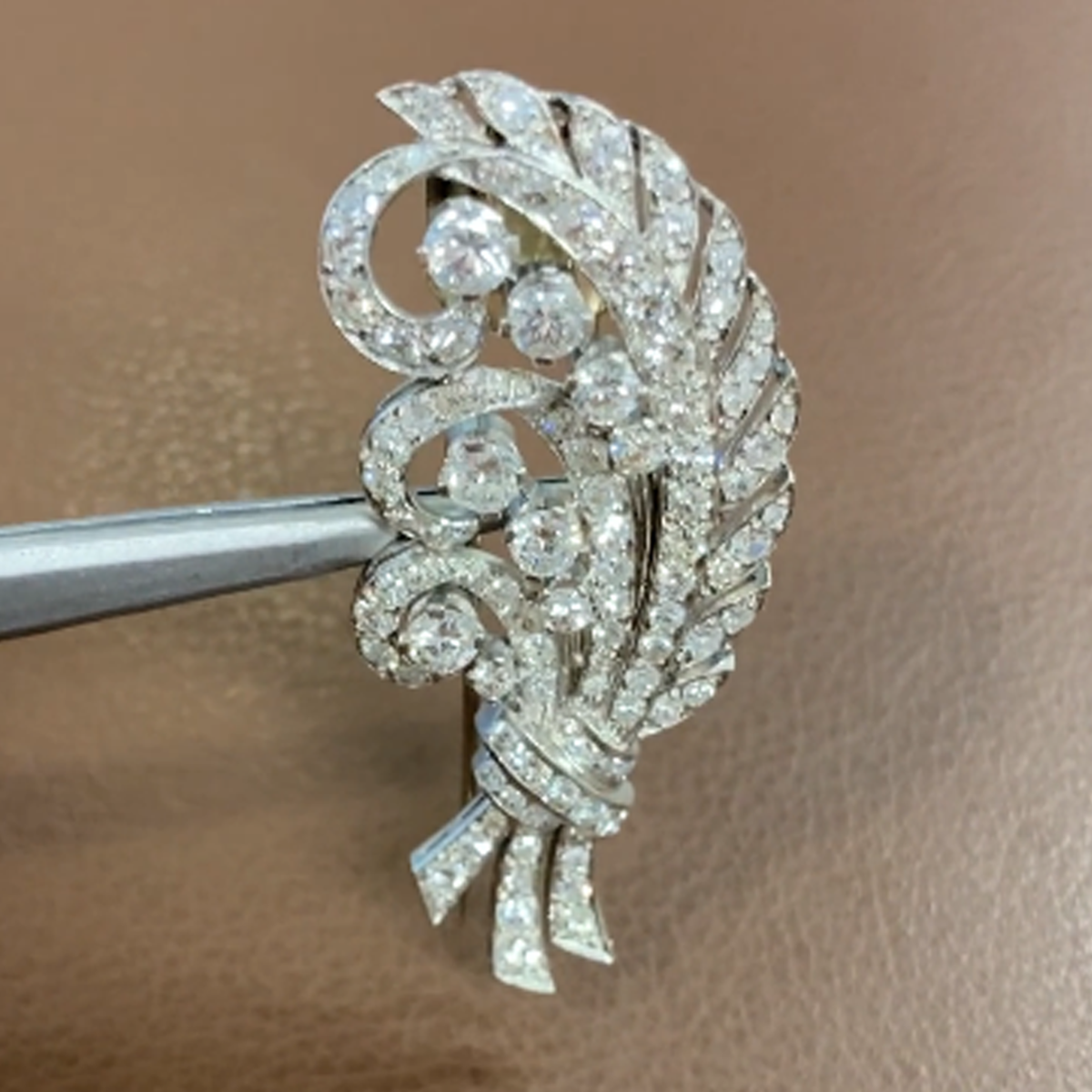 1950s Platinum Diamond Leaf Brooch front