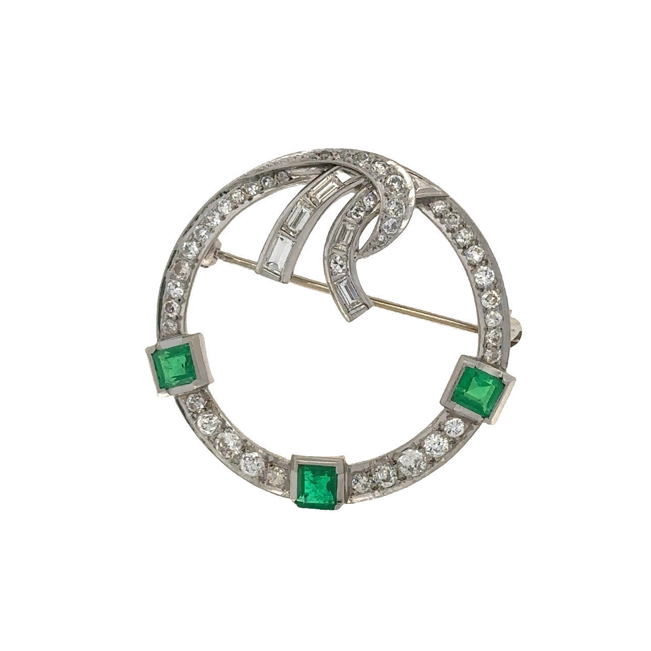 Art Deco Platinum Diamond & Emerald Brooch front