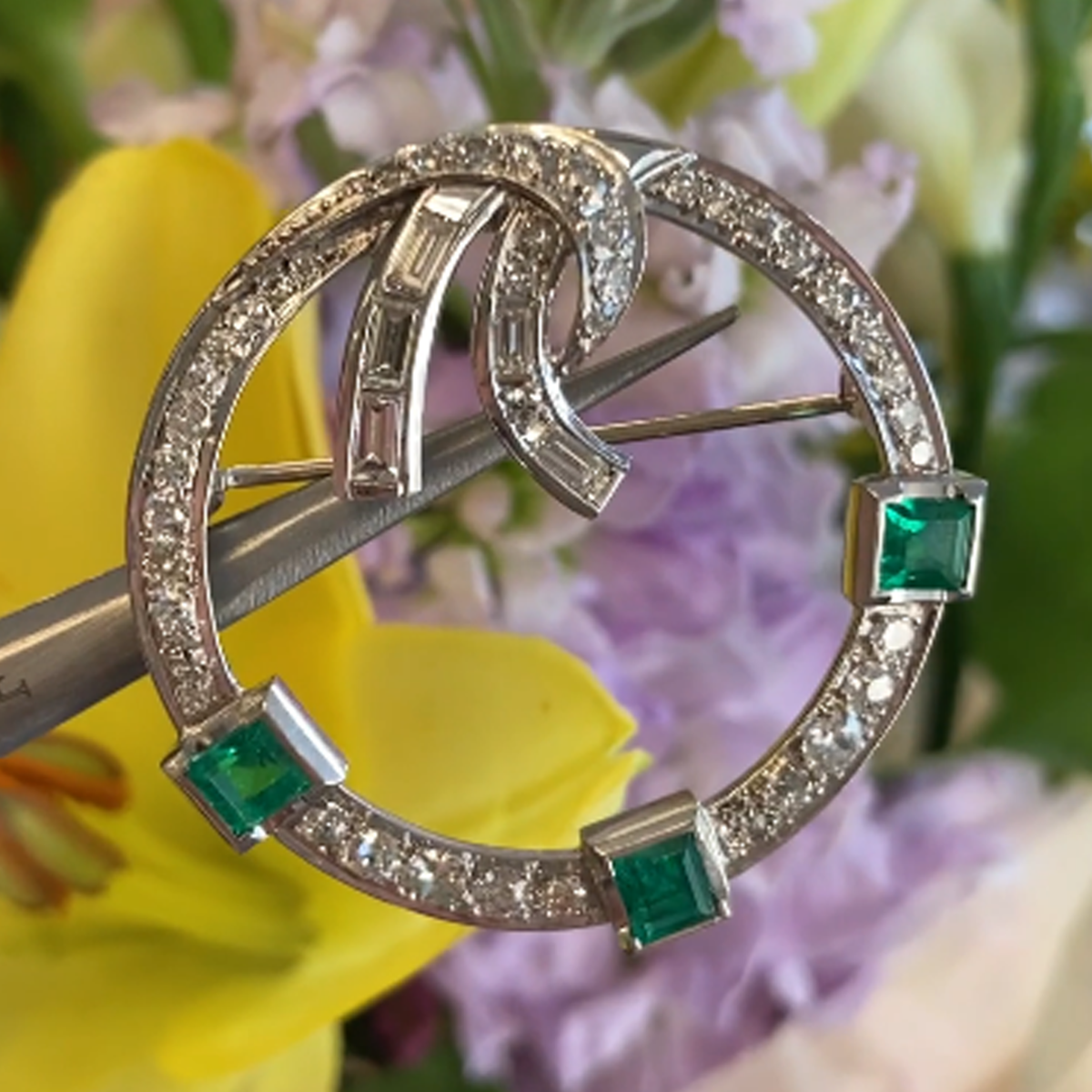 Art Deco Platinum Diamond & Emerald Brooch front
