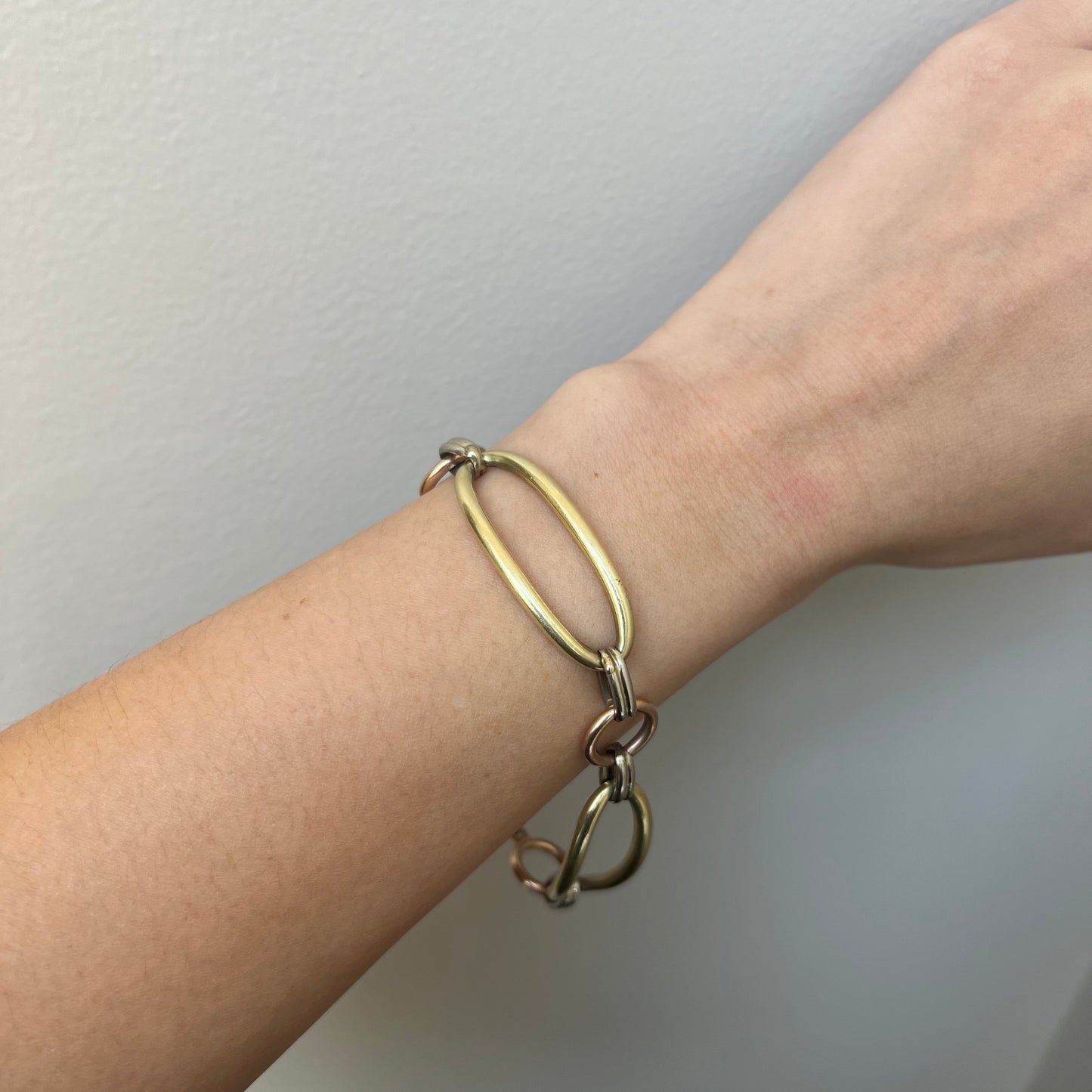 1950s 14KT Yellow Gold Open Link Bracelet worn on wrist