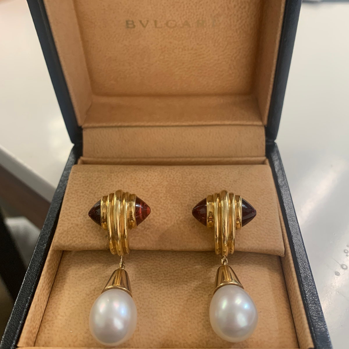 Bulgari 1980s 18KT Yellow Gold Pink Tourmaline & Cultured South Sea Pearl Earrings in original box