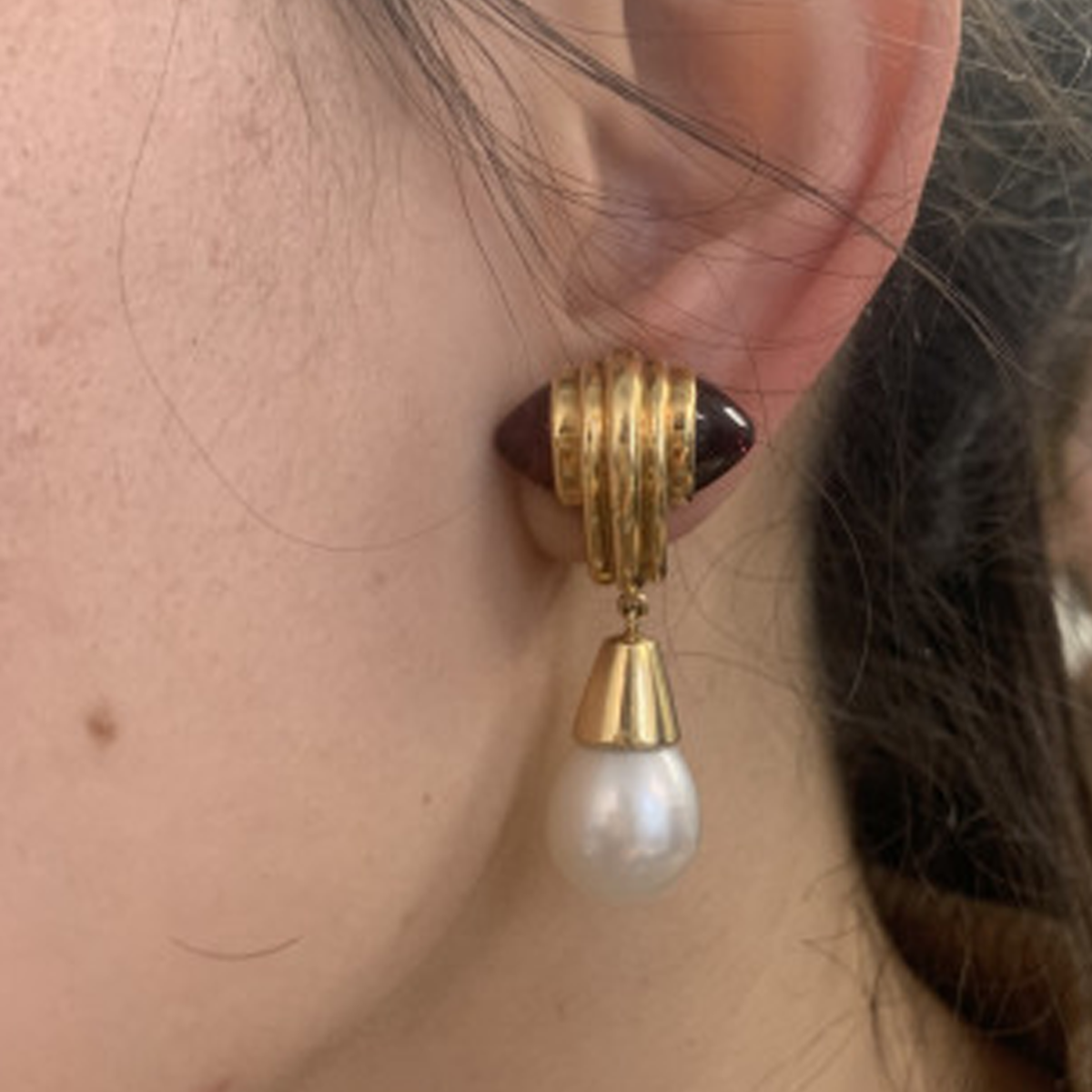 Bulgari 1980s 18KT Yellow Gold Pink Tourmaline & Cultured South Sea Pearl Earrings on ear