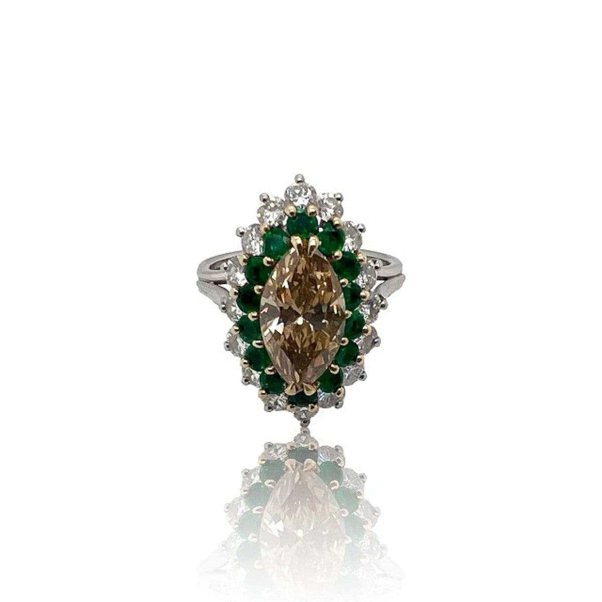 Post-1980s Platinum Fancy Brown Yellow Diamond & Emerald Ring front