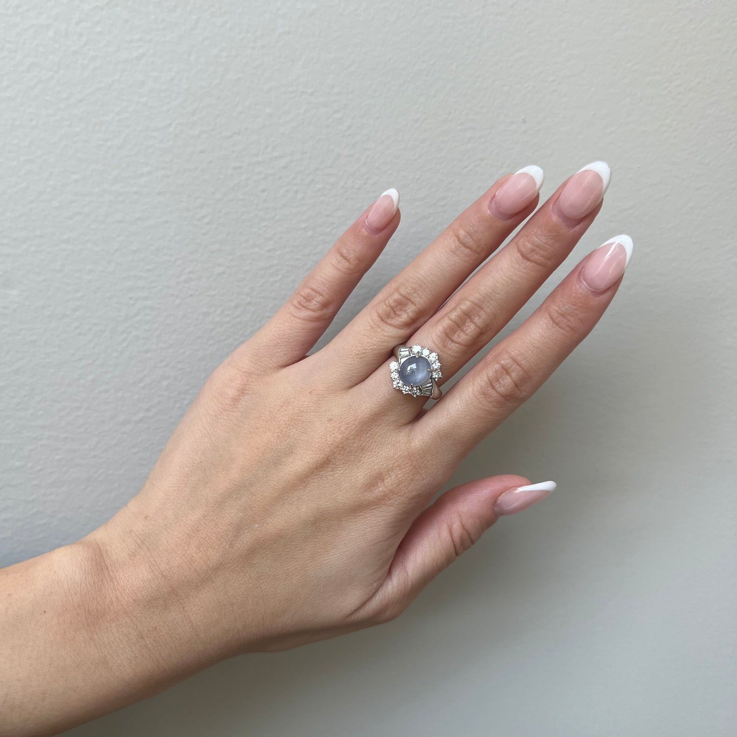 1950s Platinum Blue Star Sapphire & Diamond Ring worn on finger