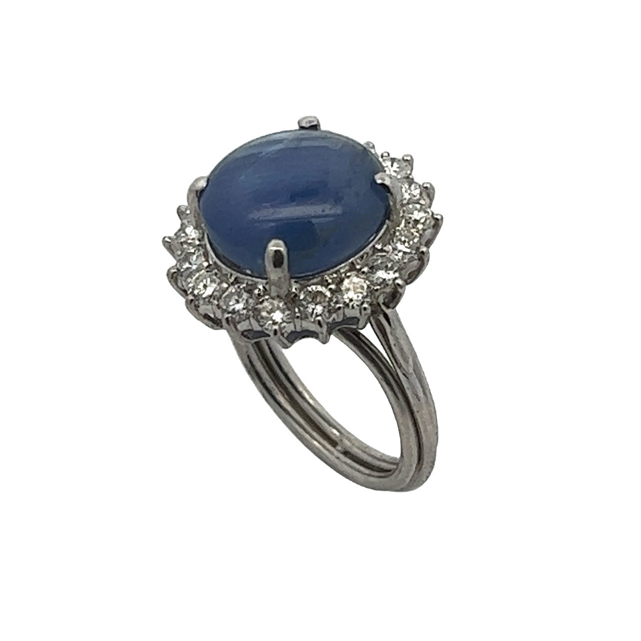 Post-1980s Platinum Blue Sapphire & Diamond Ring side and front