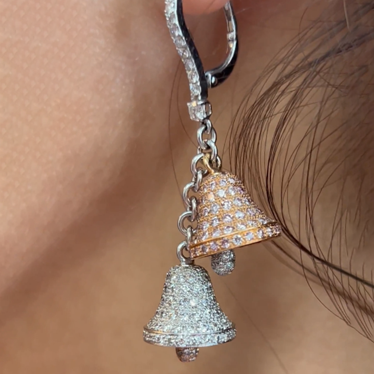 Post-1980s 18KT White Gold Pink & White Diamond Bell Earrings on ear