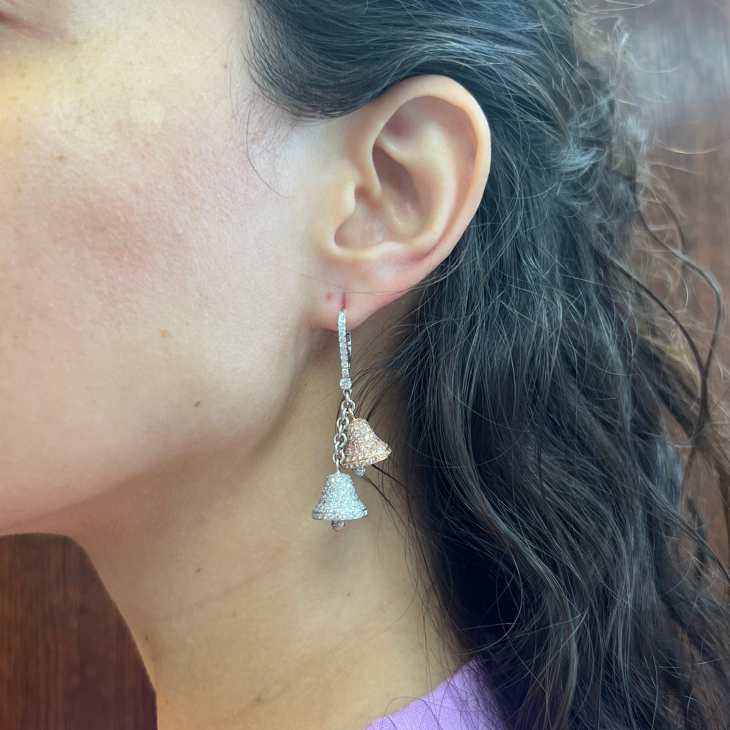 Post-1980s 18KT White Gold Pink & White Diamond Bell Earrings on ear