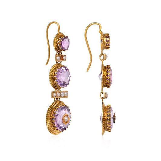 French Victorian 18KT Yellow Gold Amethyst & Natural Pearl Earrings side