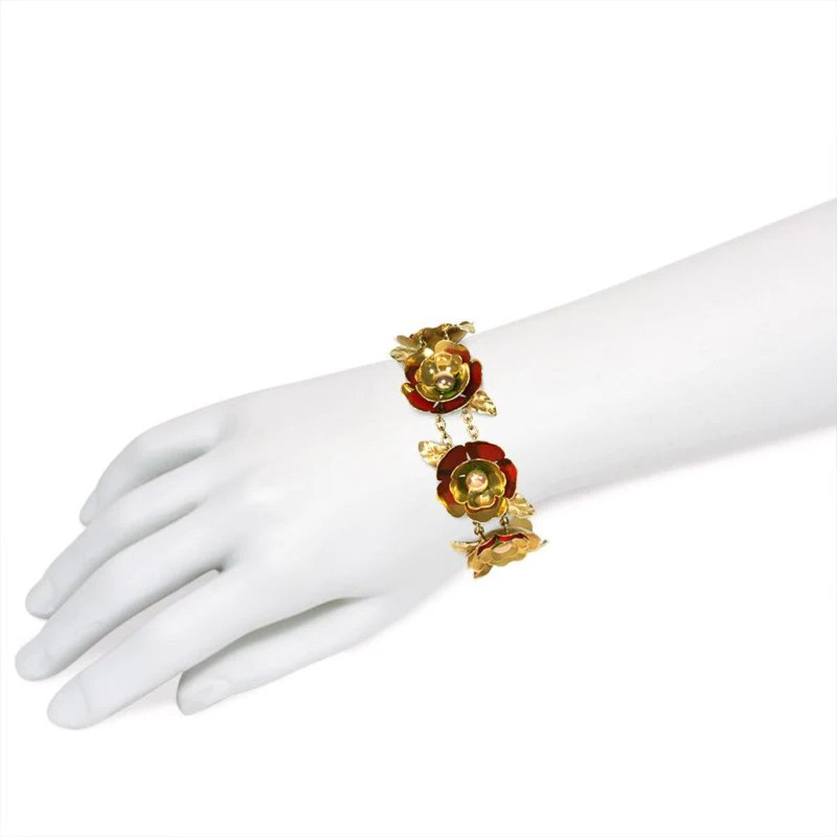 Cartier 1940s 14KT Yellow Gold Enamel Flower Bracelet on wrist