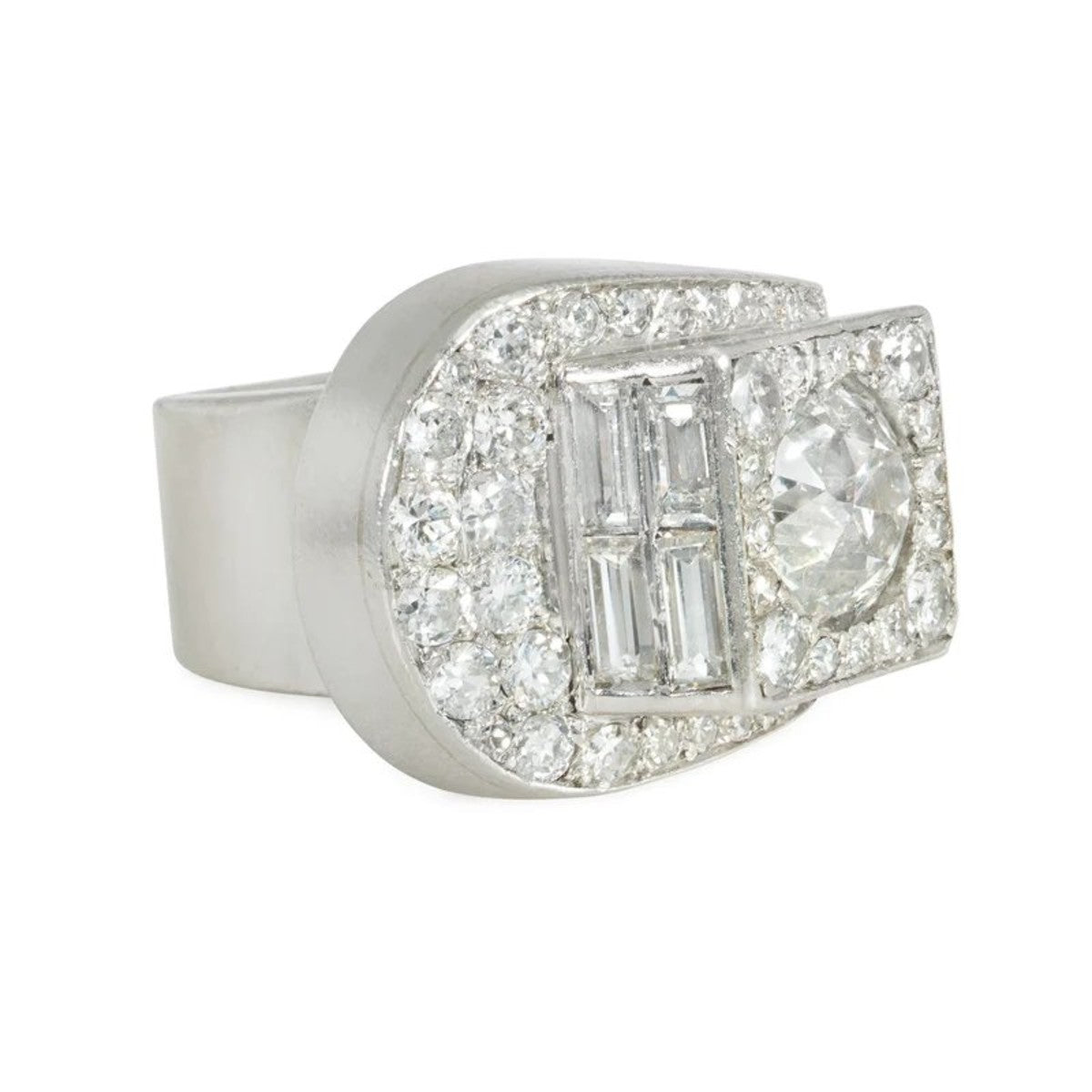 French Art Deco Platinum Diamond Stylized Buckle Ring front side