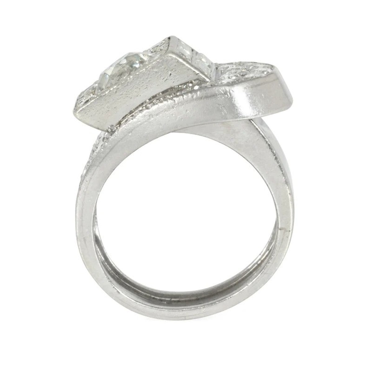 French Art Deco Platinum Diamond Stylized Buckle Ring profile