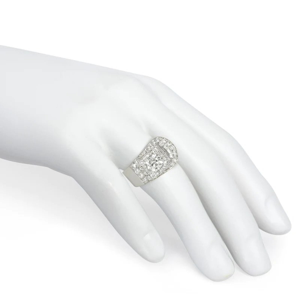 French Art Deco Platinum Diamond Stylized Buckle Ring on finger