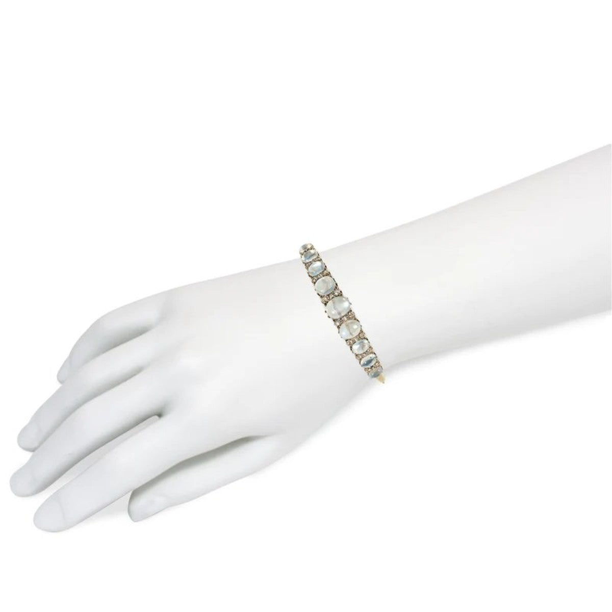 Victorian Silver & 15 KT Yellow Gold Moonstone & Diamond Bangle Bracelet on wrist