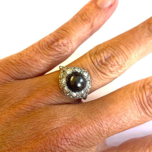 Edwardian Platinum Natural Dark Gray Pearl & Diamond Ring on finger