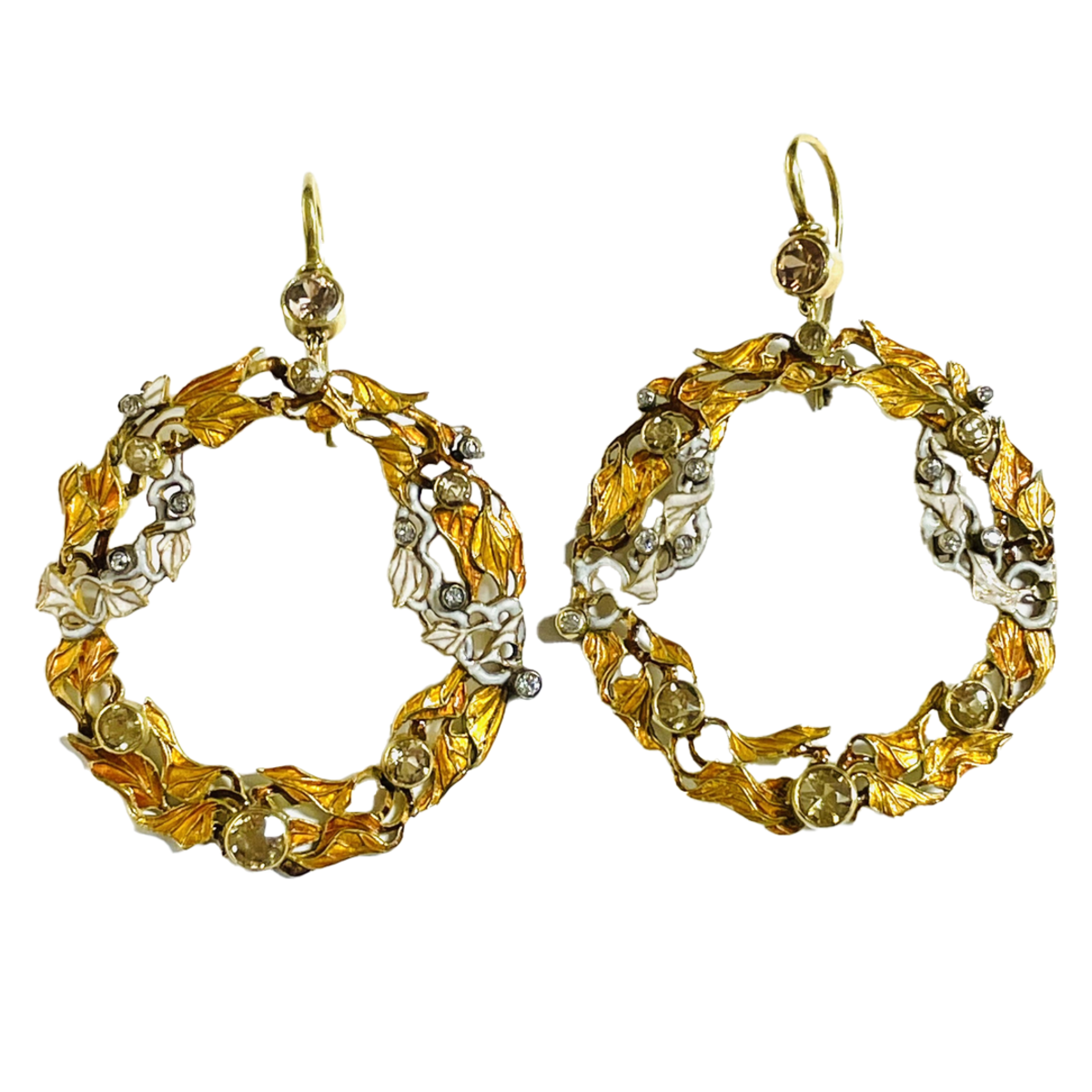Art Nouveau 18KT Yellow Gold Diamond & Enamel Earrings front