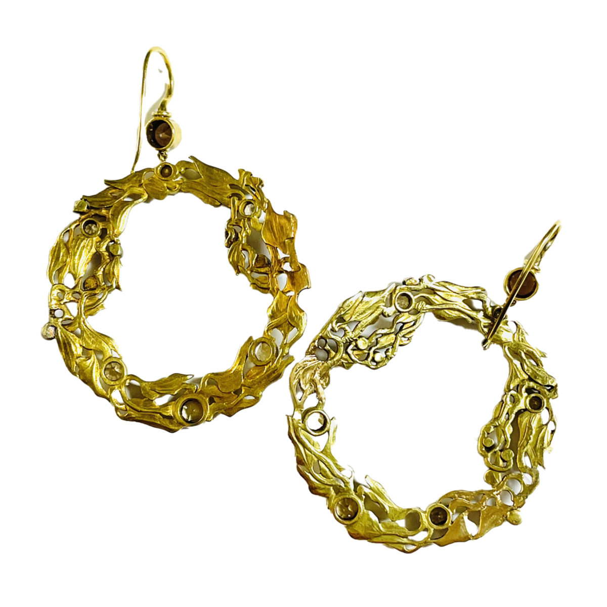 Art Nouveau 18KT Yellow Gold Diamond & Enamel Earrings back