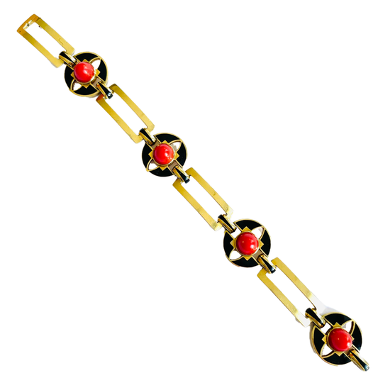 French Art Deco 18KT Yellow Gold Coral & Enamel Bracelet front