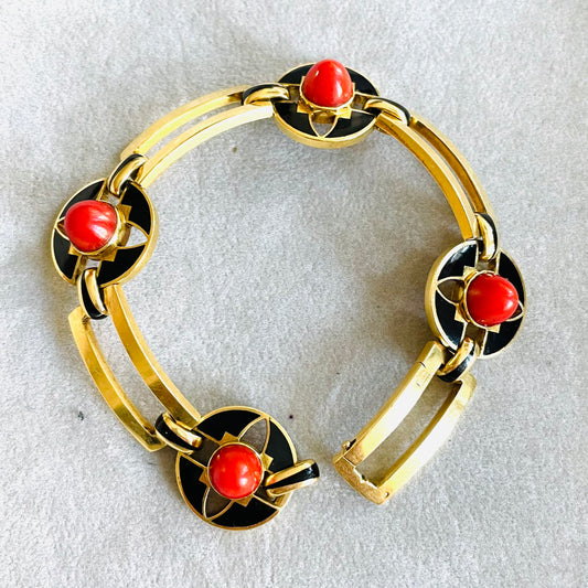 French Art Deco 18KT Yellow Gold Coral & Enamel Bracelet front