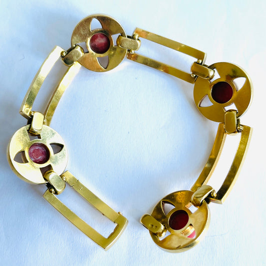 French Art Deco 18KT Yellow Gold Coral & Enamel Bracelet back