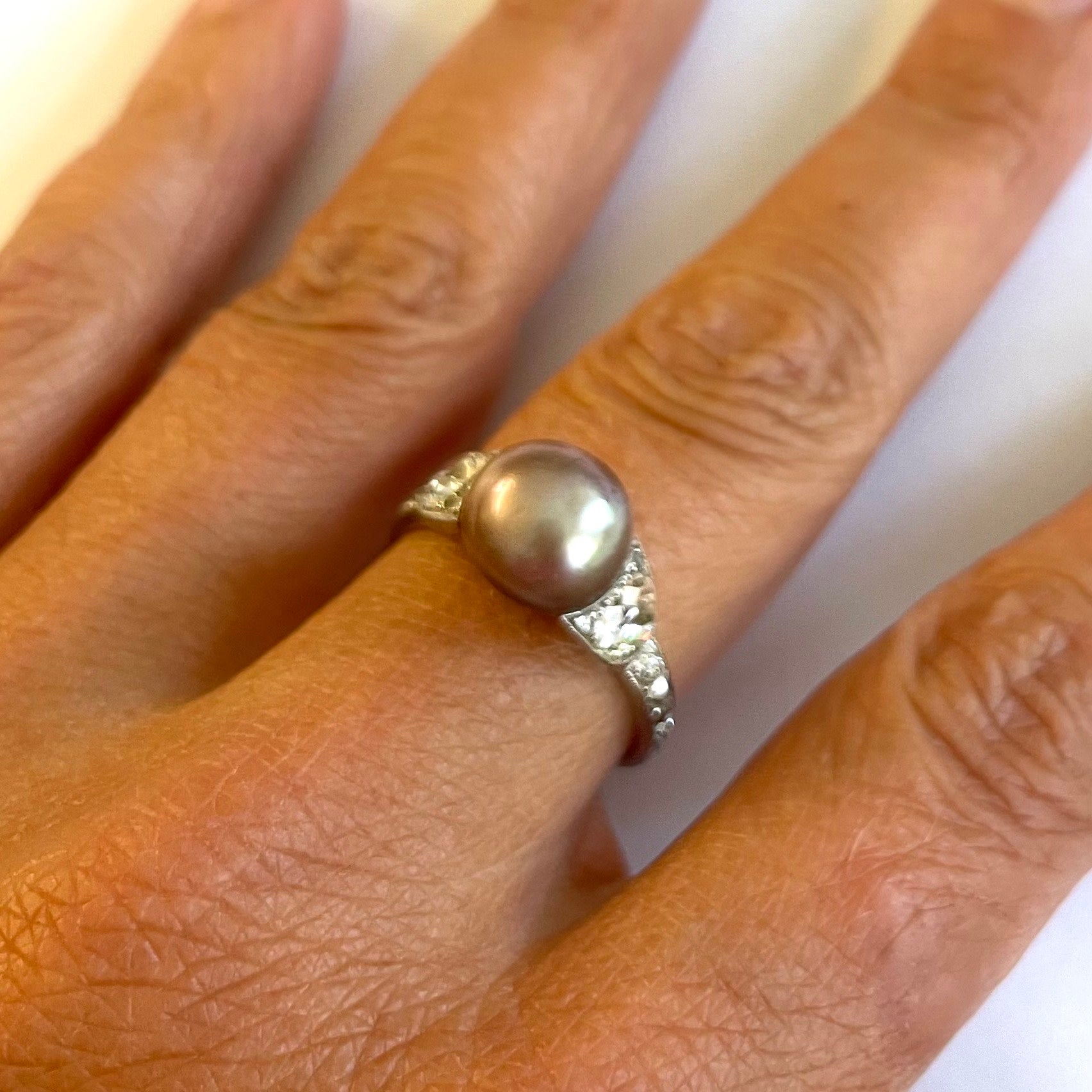 Edwardian Platinum Natural Pearl & Diamond Ring on finger